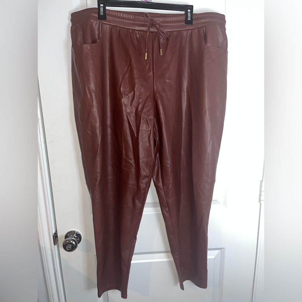 Candace Cameron Bure Faux Leather Pull On Lined Jogger Pants Raisin Brown Sz XL